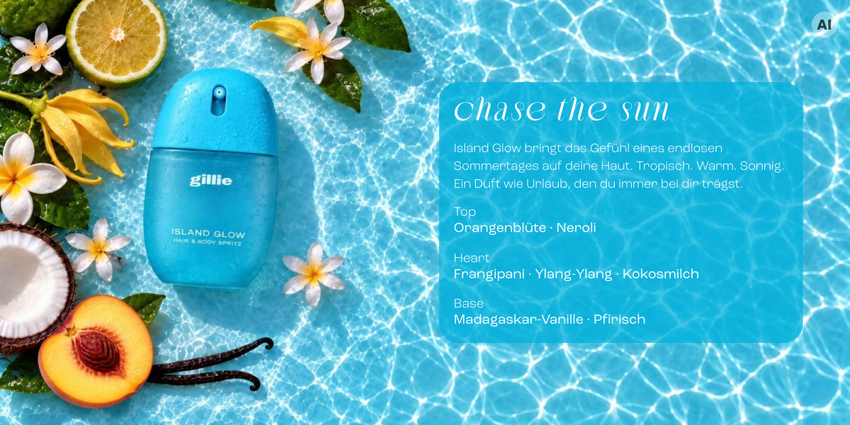 gillie Island Glow Hair & Body Spritz auf blauem Wasser mit Kokosnuss, Pfirsich, Zitrusfrüchten, Vanille und tropischen Blüten.