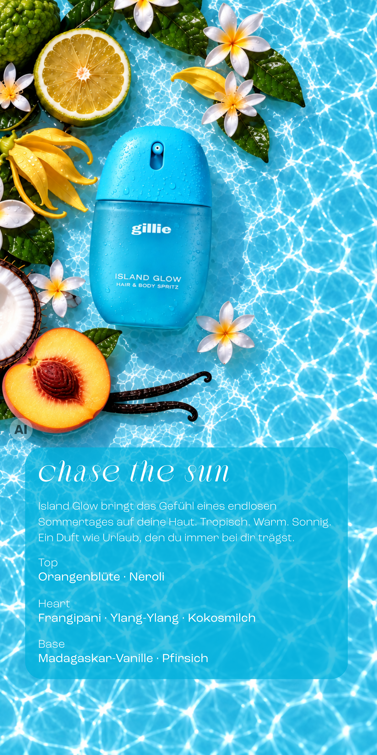 gillie Island Glow Hair & Body Spritz auf blauem Wasser mit Kokosnuss, Pfirsich, Zitrusfrüchten, Vanille und tropischen Blüten.