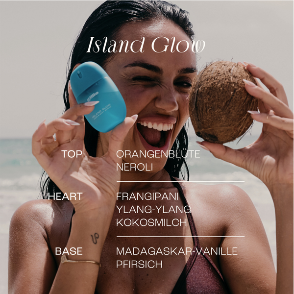 gillie Island Glow mit Orangenblüte und Neroli, Frangipani, Ylang Ylang und Kokosmilch sowie Madagaskar Vanille und Pfirsich.