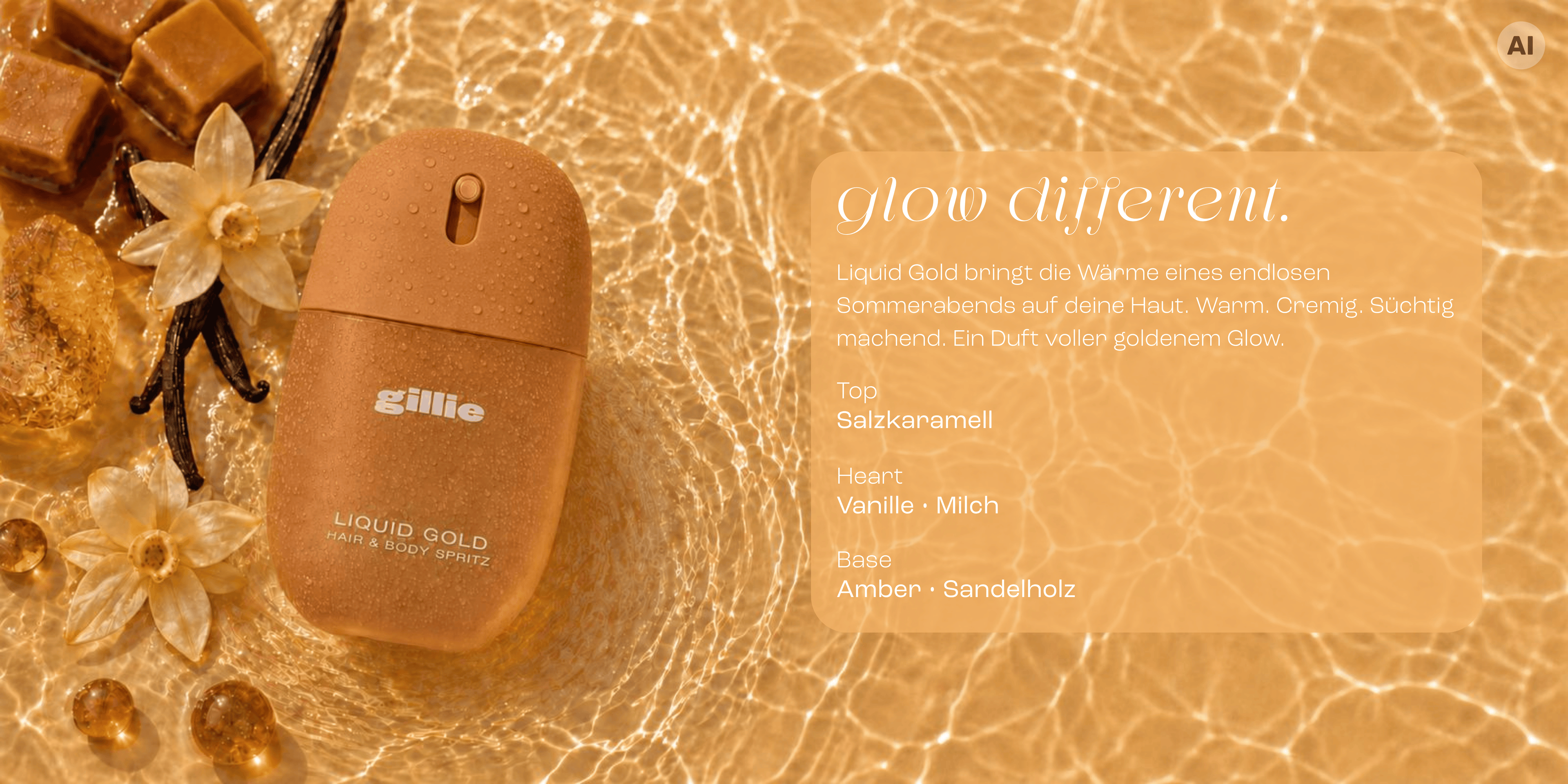 gillie Liquid Gold Hair & Body Spritz mit Vanille, Karamell und Amber auf goldenem Wasser mit Duftpyramide.
