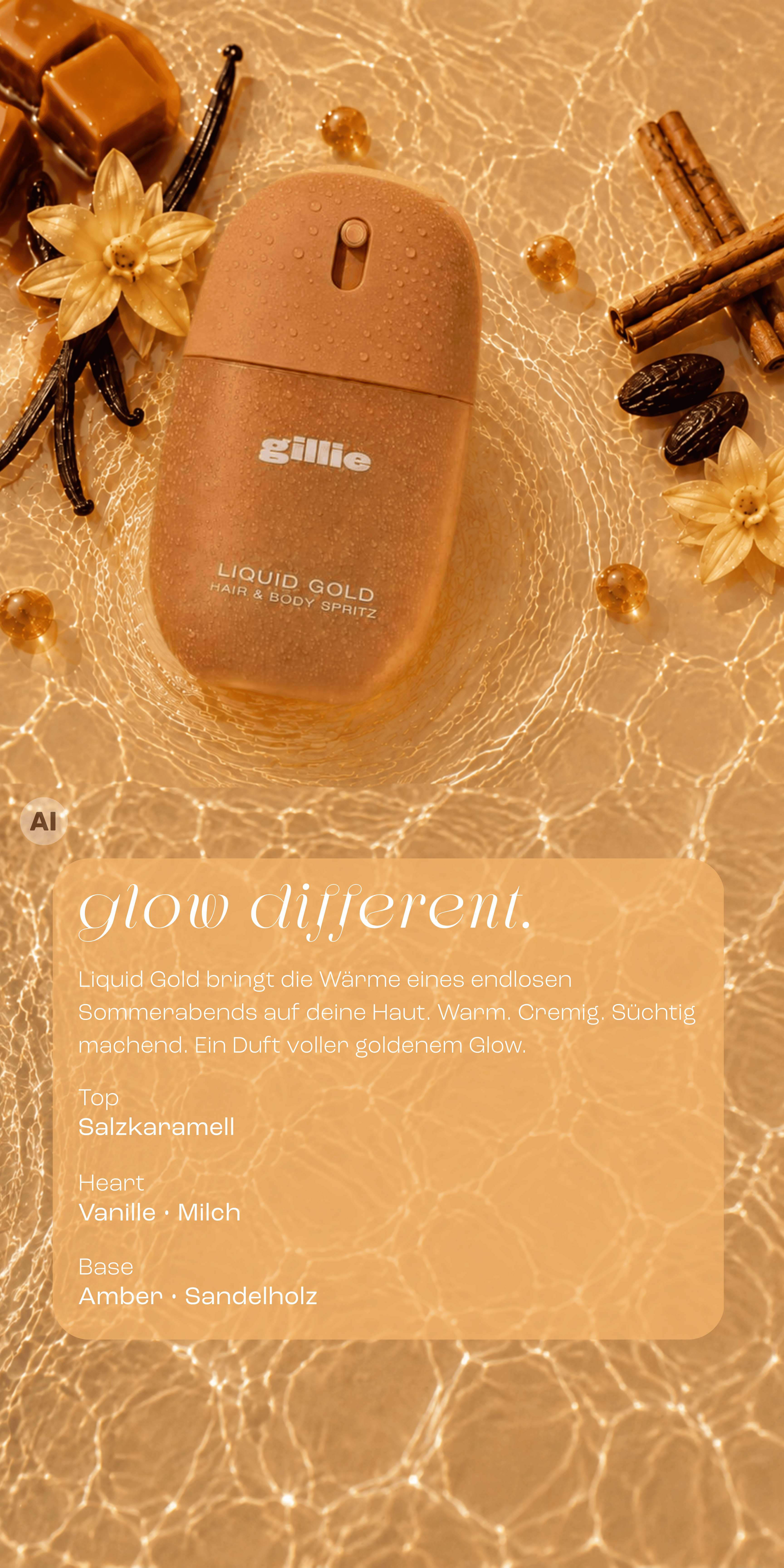 gillie Liquid Gold Hair & Body Spritz mit Vanille, Karamell und Amber auf goldenem Wasser mit Duftpyramide.