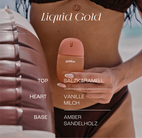 Model hält den gillie Liquid Gold Hair & Body Spritz mit Übersicht der Duftnoten.