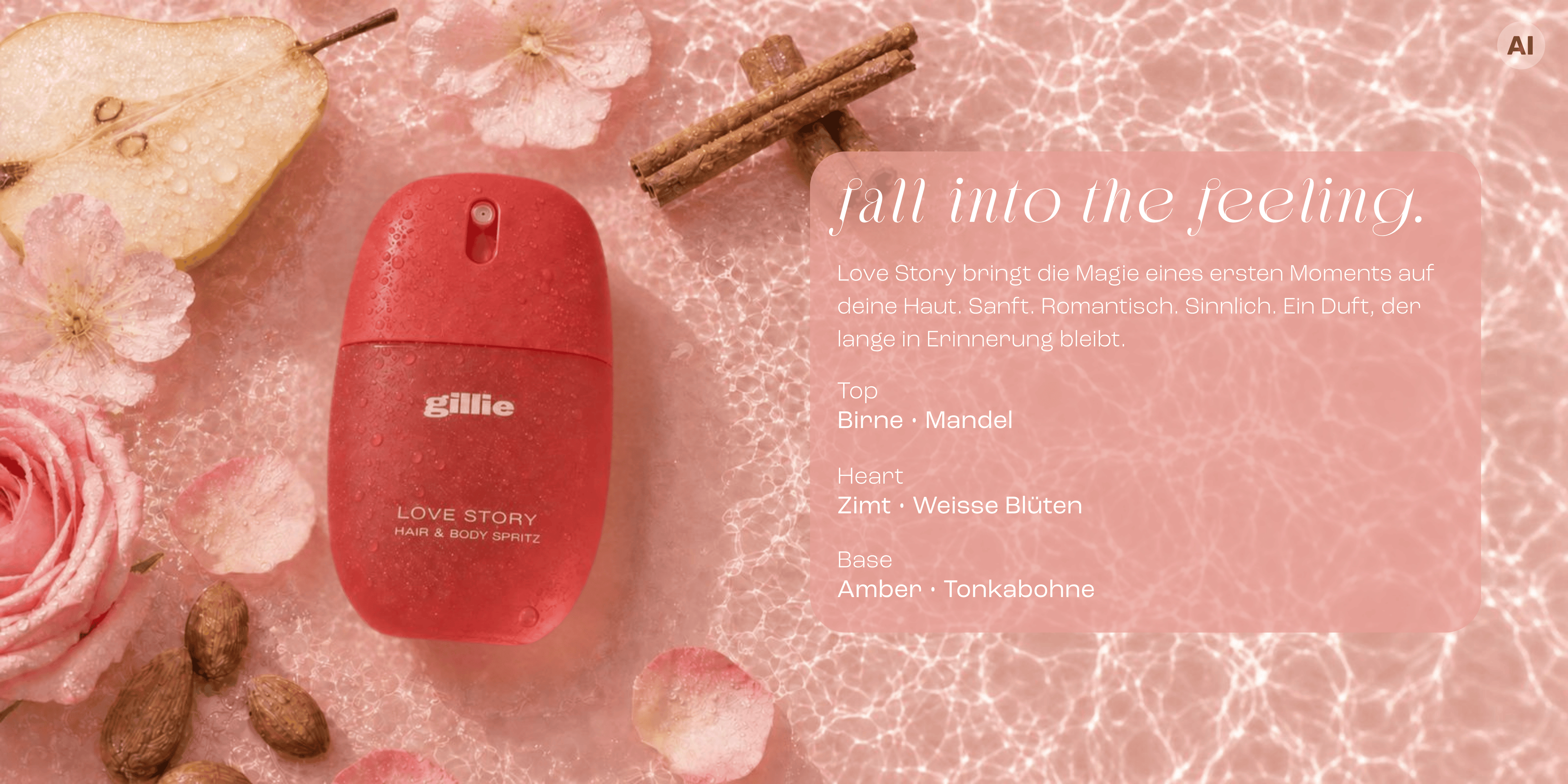gillie Love Story Hair & Body Spritz mit Birne, Mandel, Rose und Zimt auf schimmerndem Wasser mit Duftpyramide.