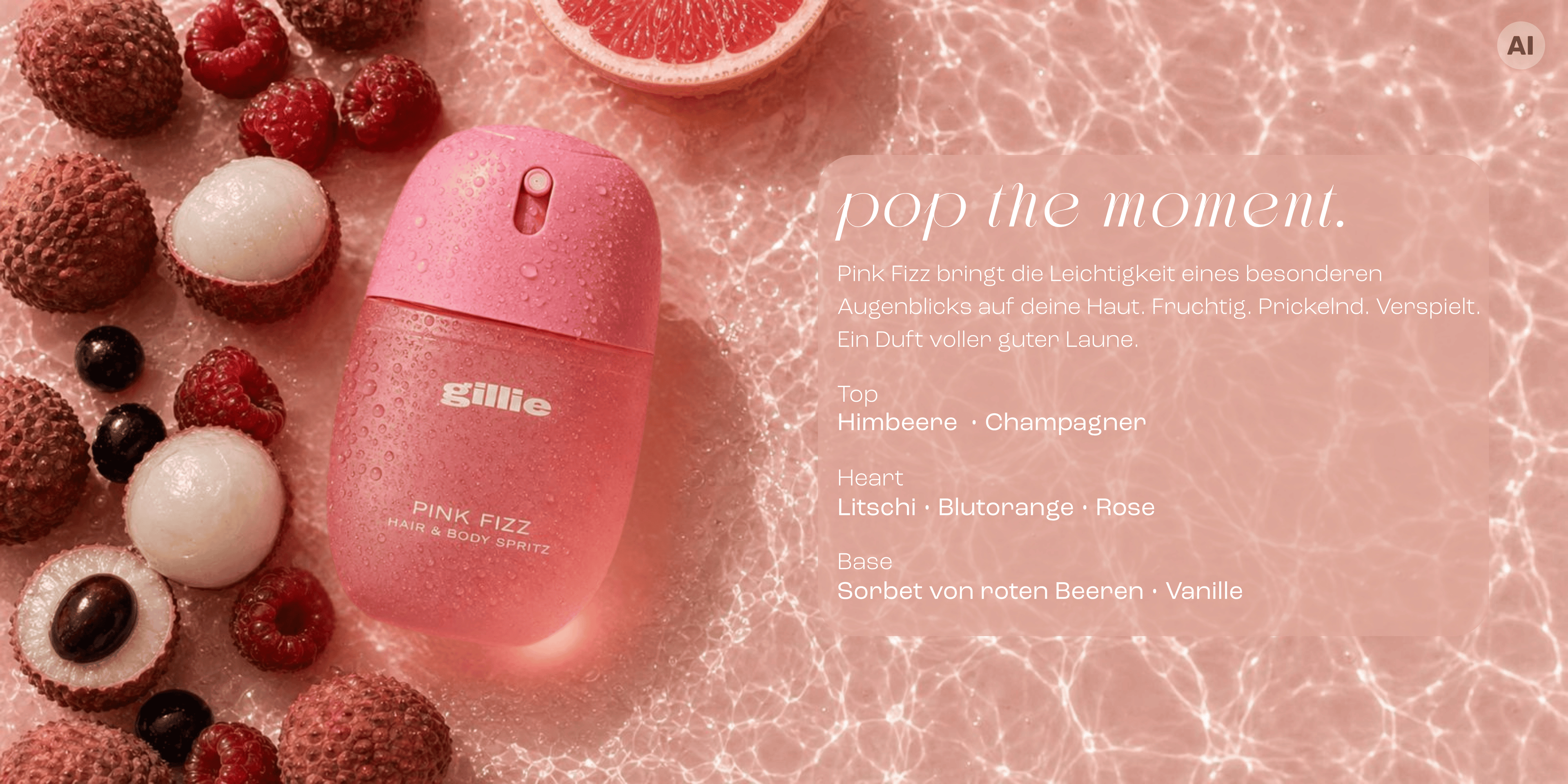 gillie Pink Fizz Hair and Body Spritz mit Himbeeren und Litschis auf schimmerndem Wasser mit Duftpyramide.