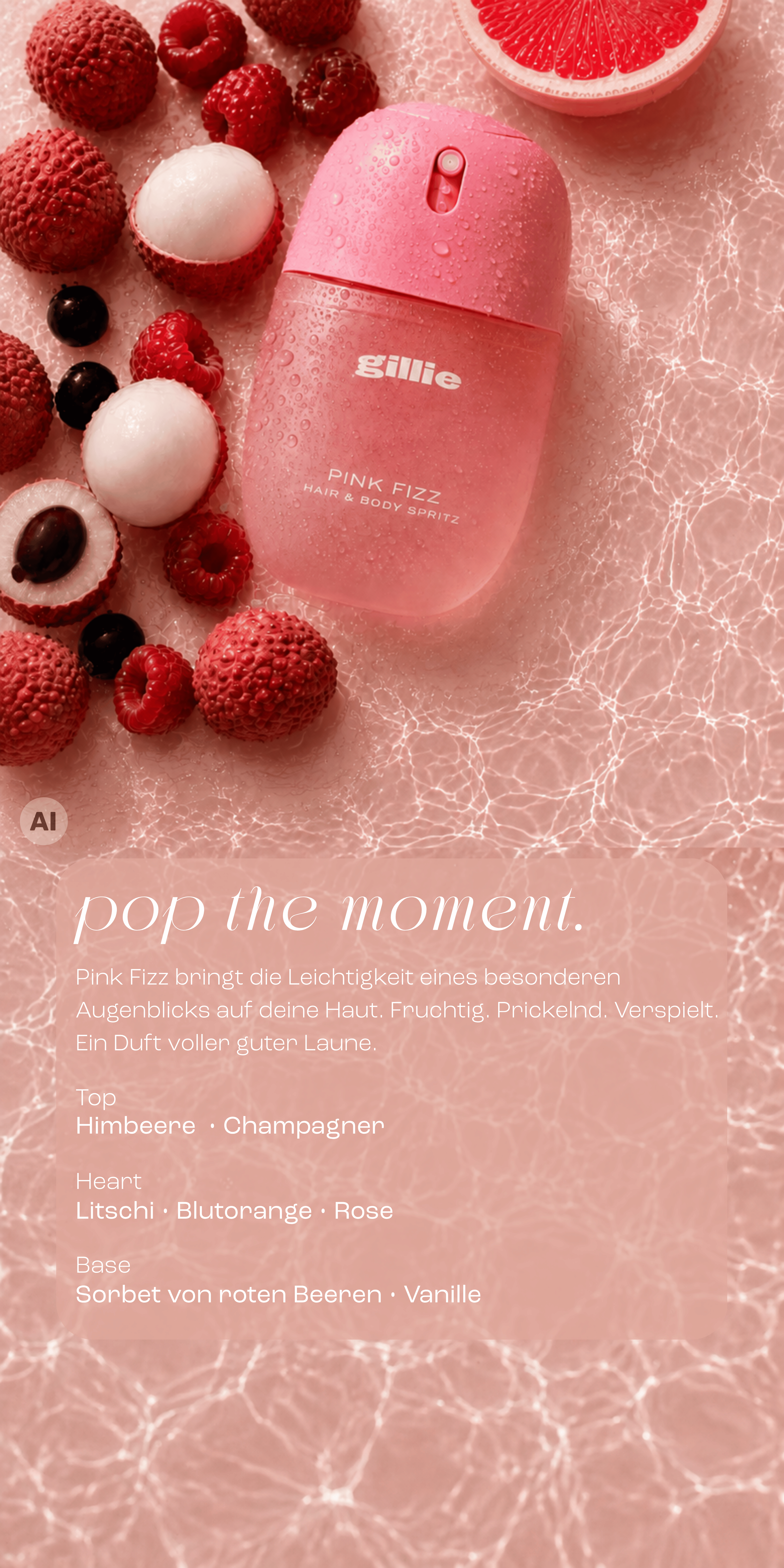 gillie Pink Fizz Hair and Body Spritz mit Himbeeren und Litschis auf schimmerndem Wasser mit Duftpyramide.