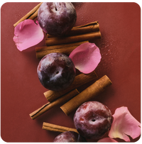 Roter Hintergrund und Zimtstangen liegen herum, Rosenblätter und Pflaumen.